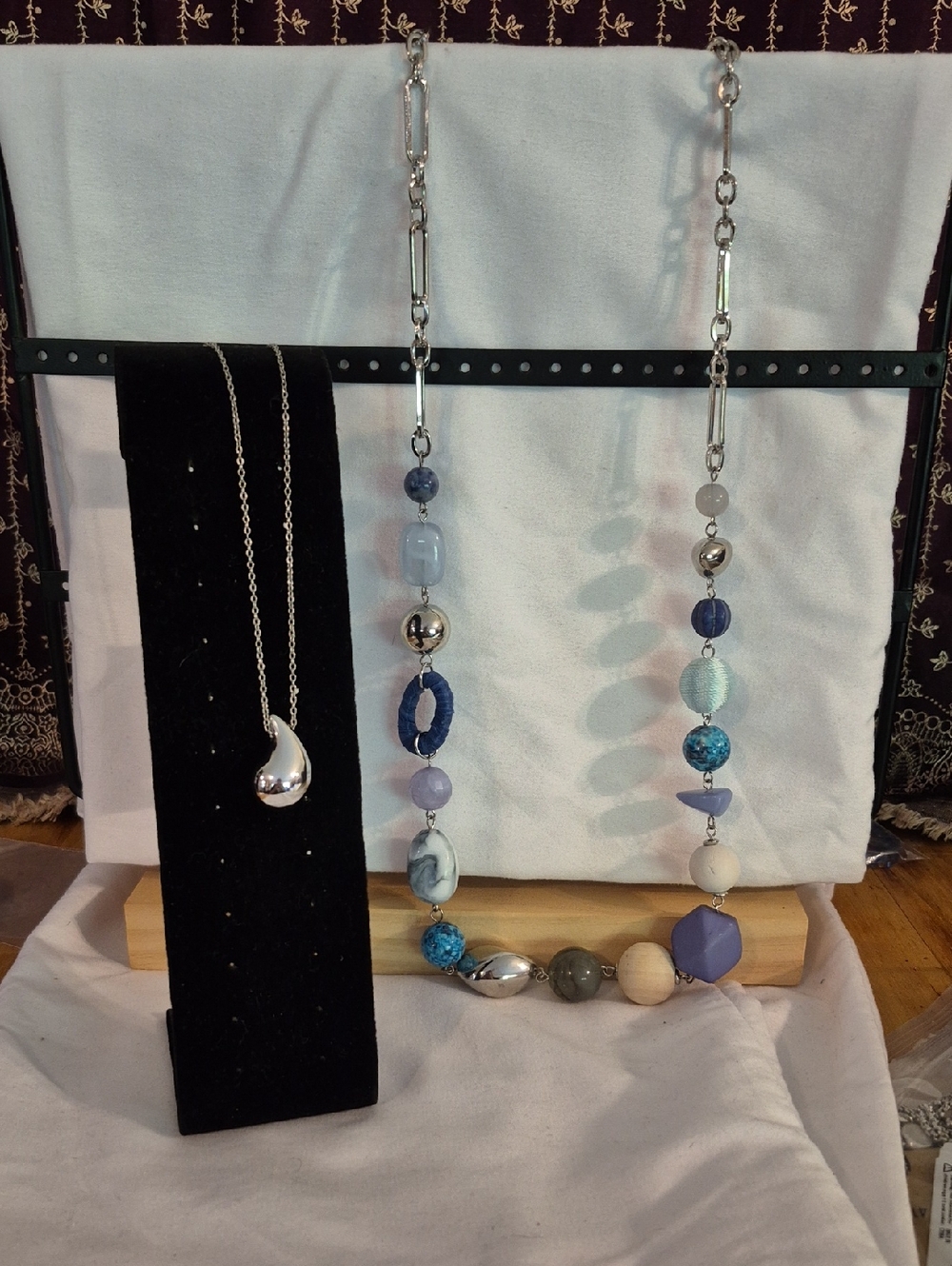 Silver Teardrop Pendant Necklace & Blue Beaded Statement Necklace Set